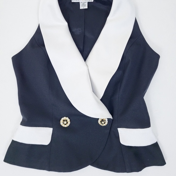 90's Waistcoat Black & White formal double breasted lapel V-neck plunge neckline - Picture 2 of 16